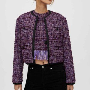 Maje Women's Quilted Purple Tweed Jacket, Purple, size 34